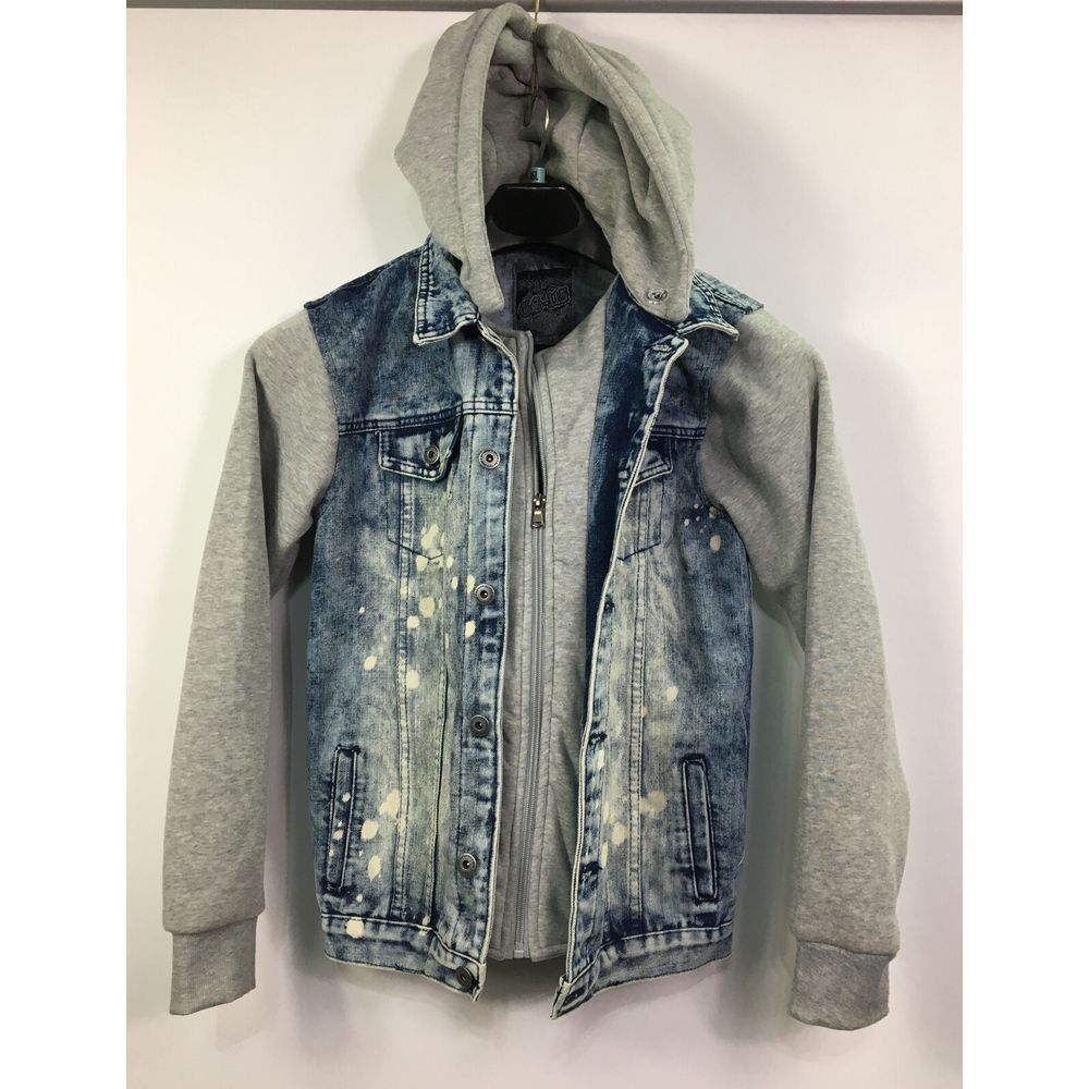 GS 115 Womens Denim Jacket Sz L Detachable hood distressed acid wash StreetWear
